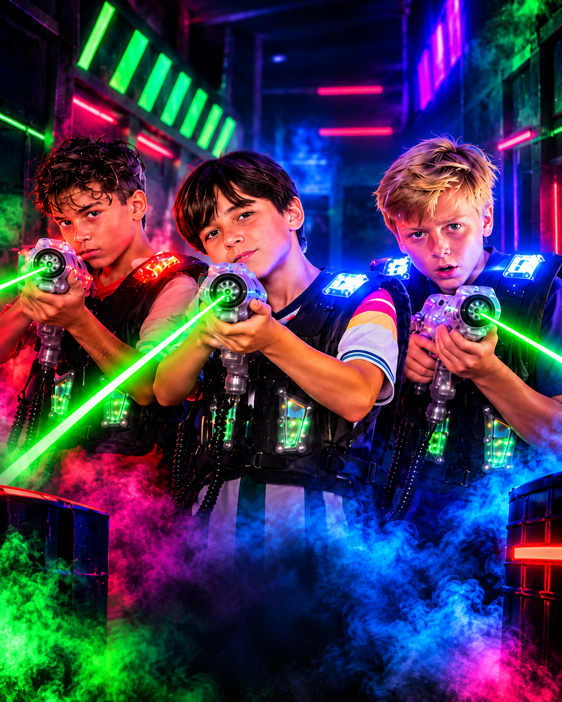 Trois joueurs LaserGame avec leurs équipements lumineux